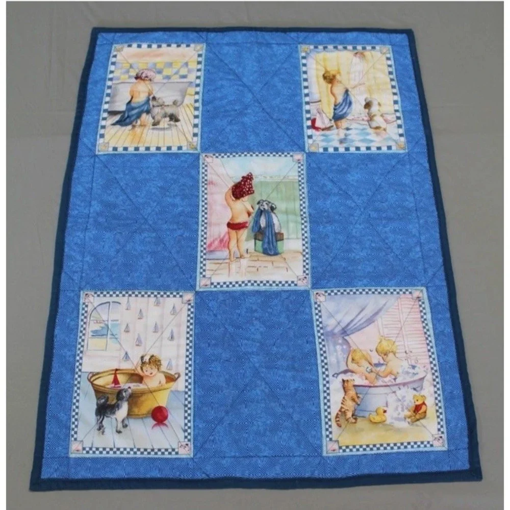 Handmade Baby Crib Quilt Blanket Blue Nursery + Plush Puppy Dog Toy Lot